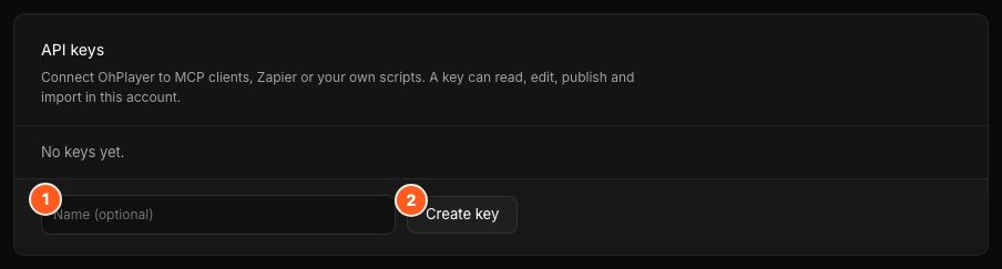 The Developers tab with no API keys yet. Marker 1 points to the Name field, marker 2 to the Create key button.