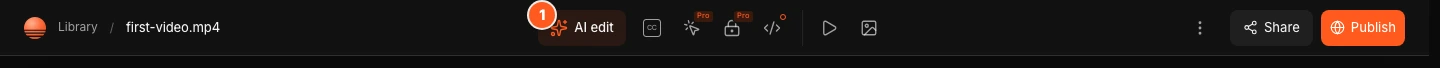 The Studio top bar. Marker 1 points to the AI edit button at the start of the tool dock.