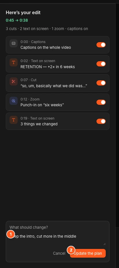The Check step with the change box open. Marker 1 points to the What should change field, marker 2 to the Update the plan button.
