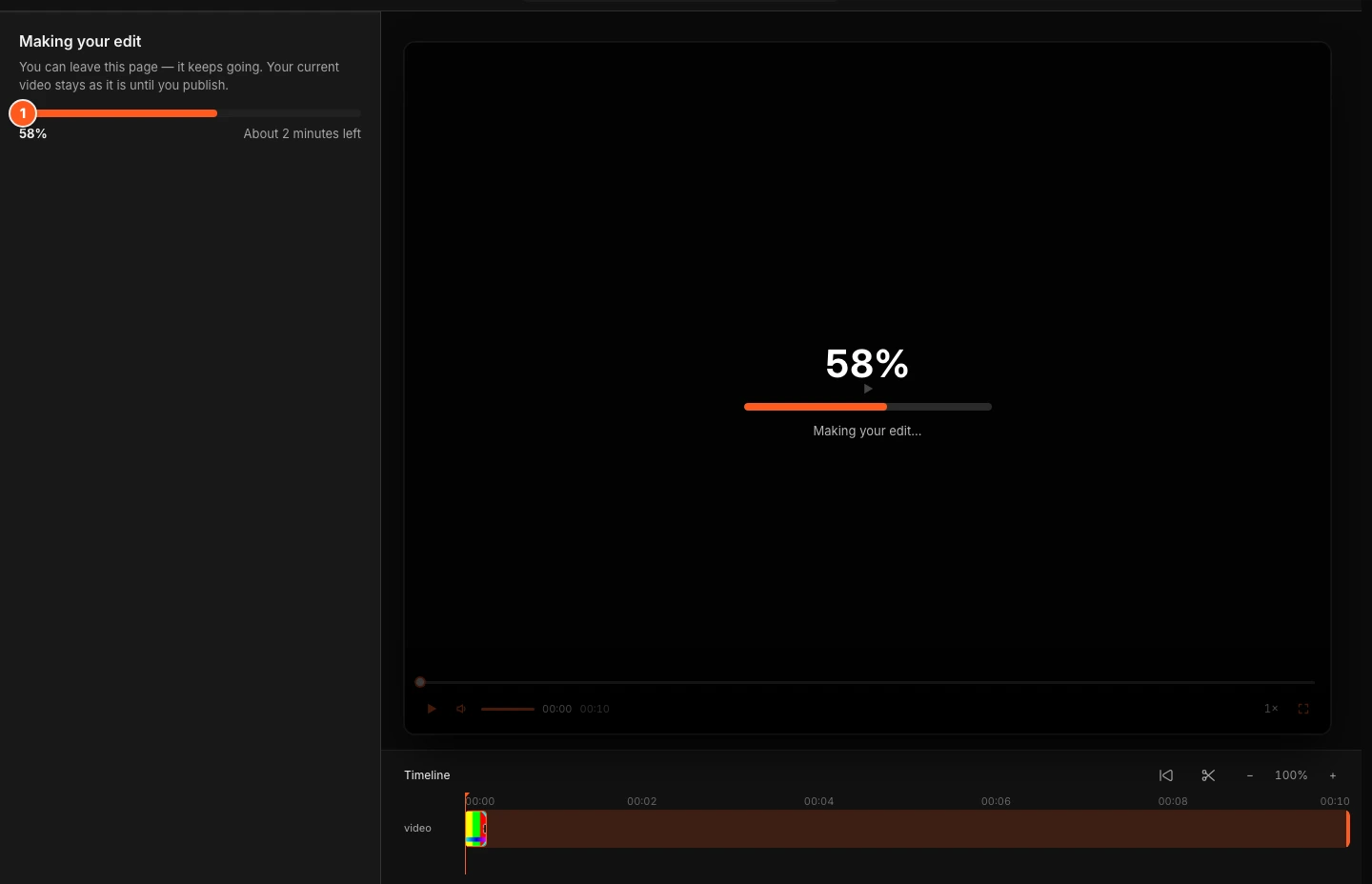 The AI edit panel while the edit renders. Marker 1 points to the progress bar and percentage.