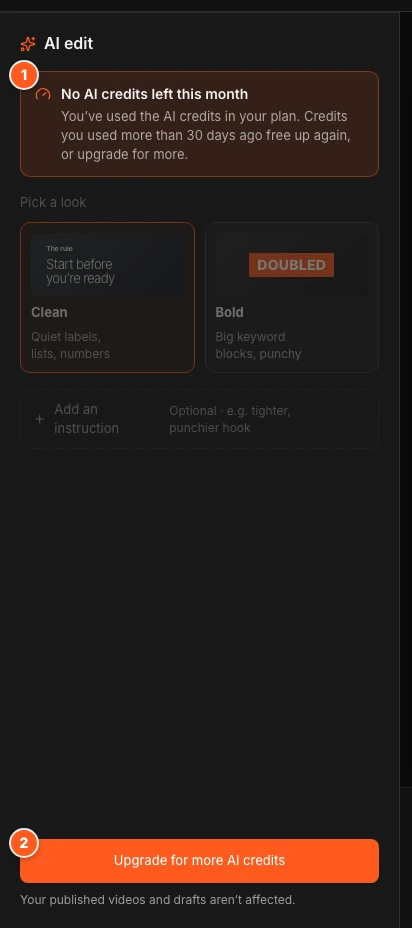 The Ask step with a notice that no AI credits are left. Marker 1 points to the notice, marker 2 to the Upgrade for more AI credits button.
