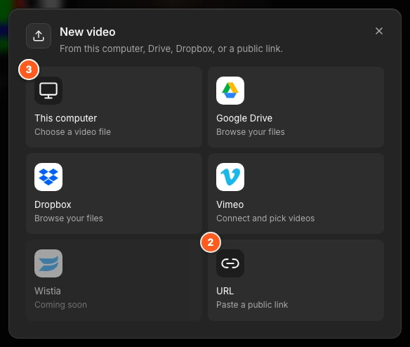 The New video dialog with six source cards. Marker 1 points to the This computer card, marker 2 to the URL card, marker 3 to the Google Drive, Dropbox, Vimeo and Wistia cards.