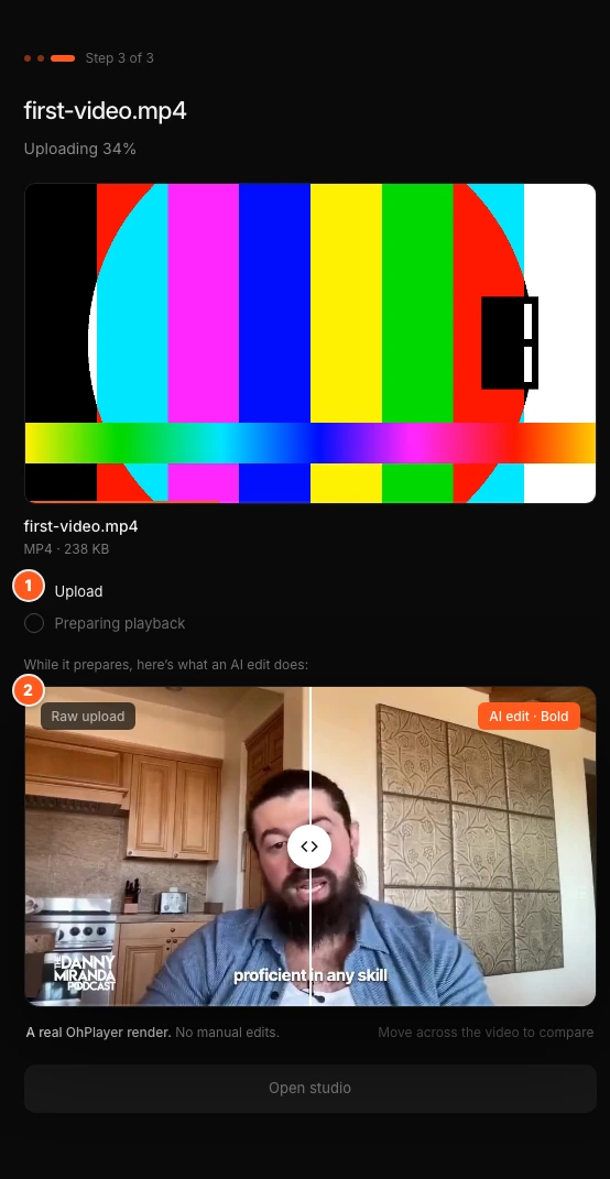 Onboarding while the first video uploads. Marker 1 points to the two stages, Upload and Preparing playback, marker 2 to the AI edit sample shown while you wait.