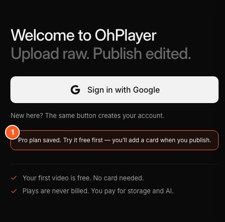 The sign-in page opened from the pricing page with Pro picked. Marker 1 points to the line Pro plan saved.