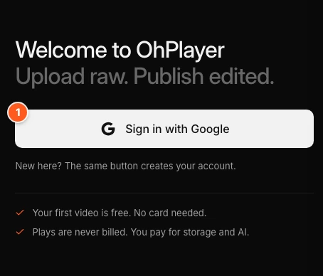 The sign-in page. Marker 1 points to the Sign in with Google button.