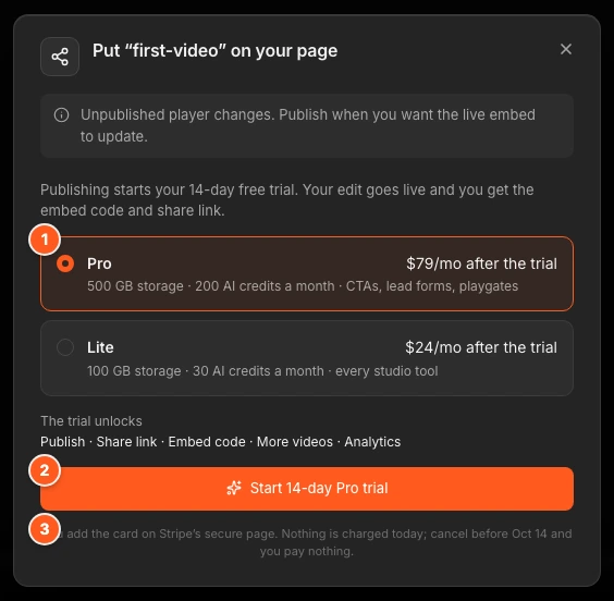 The Share dialog on the free preview. Marker 1 points to the Pro and Lite choice, marker 2 to the Start 14-day Pro trial button, marker 3 to the line about adding the card on Stripe's page.