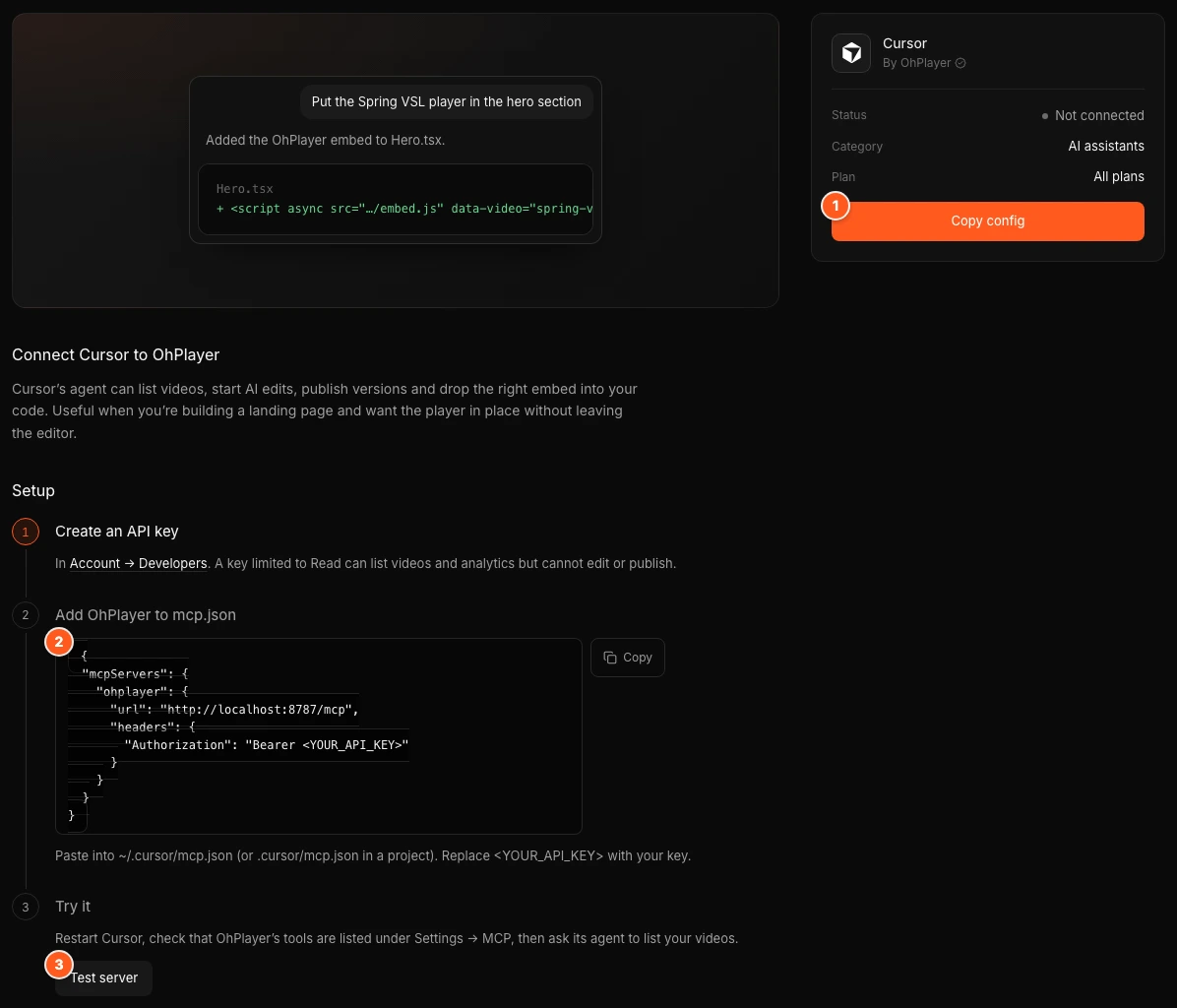 The Cursor setup page. Marker 1 points to the Copy config button, marker 2 to the configuration text and marker 3 to the Test server button.