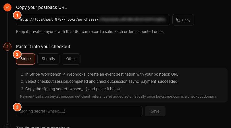 The Postback URL page. Marker 1 points to the postback URL field, marker 2 to the Stripe and Shopify checkout chips and marker 3 to the signing secret field.