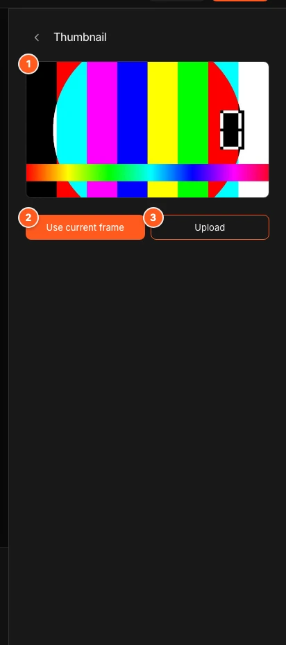 The Thumbnail panel. Marker 1 points to the current poster, marker 2 to the Use current frame button, marker 3 to the Upload button.